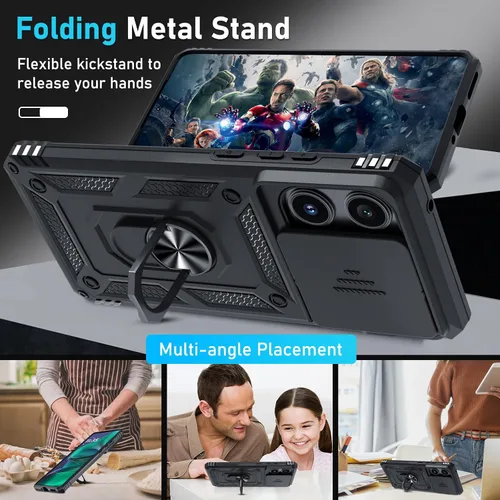 Miniatura 2 de Janmitta Funda compatible con Moto Edge 2025, cubierta integrada para lente de cámara deslizante + soporte de anillo de dedo, resistente, a prueba