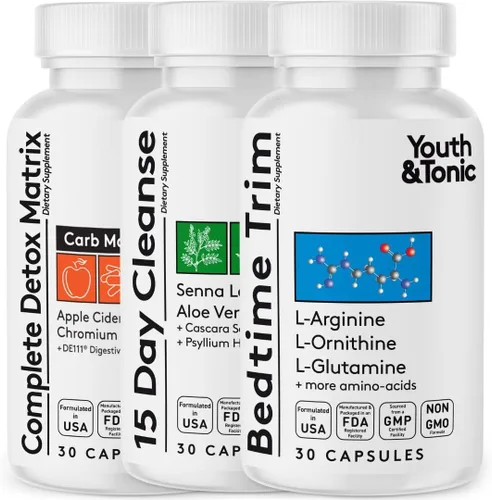Youth & Tonic Aminoácidos Bedtime Trim Limpiador de colon de 15 días y desintoxicación ACV | para metabolismo de limpieza desintoxicante y músculos
