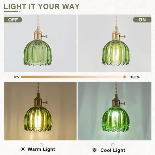 Miniatura 5 de Mini luces colgantes para isla de cocina, pequeña lámpara colgante ajustable con pantalla de cristal de tulipán verde, iluminación colgante dorada