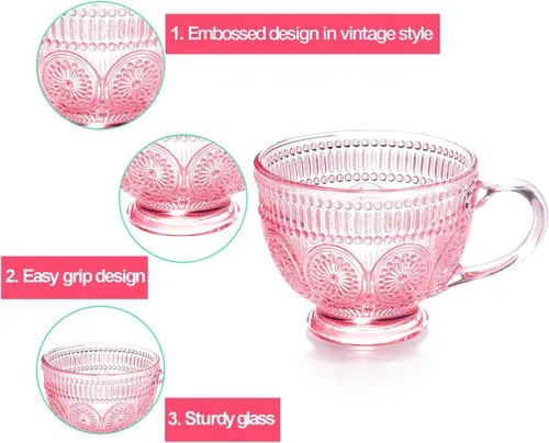 Miniatura 3 de Tazas de café de vidrio vintage con asa, tazas de vidrio en relieve rosa de 14 onzas para capuchino, latte, cereales, yogur, té, leche (4)