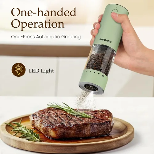 Miniatura 2 de Newise Juego de molinillo de sal y pimienta eléctrico recargable con luces LED, molinillo automático de sal y pimienta, grosor ajustable, gran Verde
