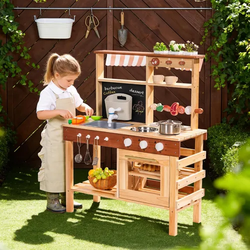 Miniatura 9 de ROBOTIME Kids Mud Kitchen, Wooden Mud Kitchen for Kids Outdoor with Real Water Play Sink, BBQ Grill, Coffee Maker & Planting Station, Large Storage
