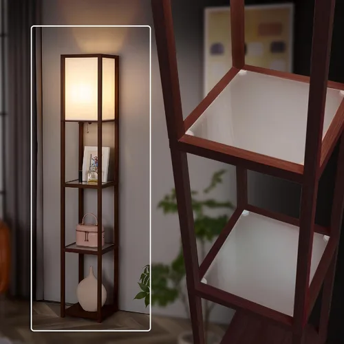 Lámpara de pie FENLO con estantes – lámpara de pie alta con niveles de vidrio templado – lámpara de pie moderna y minimalista para dormitorio, sala