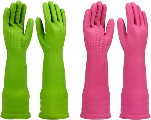 Miniatura 8 de Guantes para lavar platos 2 pares para cocina, guantes de limpieza de goma, guantes largos para lavar platos reutilizables. Verde