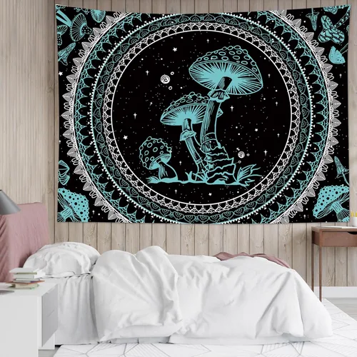 Miniatura 11 de SCECALA Tapiz bohemio de hongos, mandala blanco y negro para colgar en la pared para dormitorio, decoración bohemia del hogar, 60 x 40 pulgadas