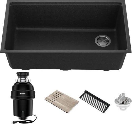 Miniatura 14 de KRAUS Bellucci Fregadero de cocina de granito con estación de trabajo empotrado de 30 pulgadas en negro metálico con accesorios, KGUW2-30MBL