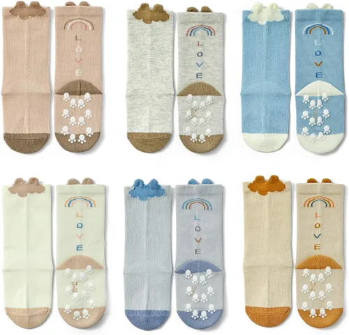 Miniatura 8 de Moon Tree Calcetines antideslizantes para bebés y niñas, calcetines de rodilla con puños para bebés, calcetines antideslizantes de algodón