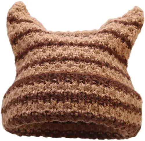 Wellcalmly Gorros de ganchillo para mujer, gorro de gato vintage, accesorios grunge, gorros holgados para mujer