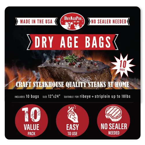 DryAgePro® Bolsas para carne Dry Age para carne, bolsas de 12 x 24 pulgadas para chuletón y Striploin de hasta 18 libras, paquete de 10, no necesita