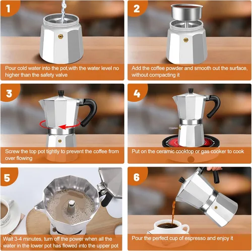 Miniatura 8 de Estufa de aluminio de 2 tazas de café expreso Moka Pot Express Percolator Italiano Classic Mocha Máquina de café para café italiano y cubano Plateado