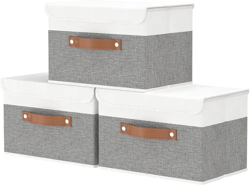Miniatura 13 de OUTBROS Caja de almacenamiento plegable grande con tapa, organizador de armario de tela de lino, contenedores para toallas, ropa, 15 x 9.8 x 9.8