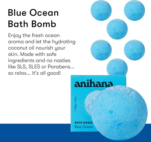 Miniatura 2 de ANIHANA Bomba de baño con aceite de coco, sin parabenos, rociadores de lujo hechos a mano, aroma refrescante del océano azul, 6.3 onzas