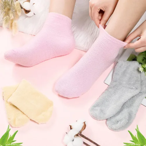 Miniatura 7 de Janmercy 3 pares de calcetines de aloe con gel hidratante para spa, calcetines de dormir esponjosos para pies secos y no resbaladizos con loción