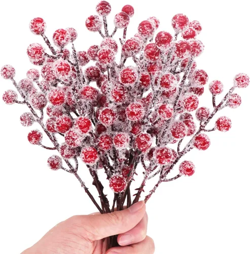 Miniatura 7 de 24 Piezas Tallos Artificiales de Bayas de Acebo de 9" Selecciones de Bayas de Navidad Rociadores Bayas Rojas Falsas Nevadas para Ramas de Árbol