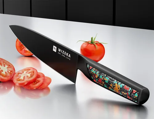 Miniatura 2 de WIZEKA Cuchillo de cocinero: 8 pulgadas: Cuchillo de cocina extremadamente afilado: acero inoxidable de alto carbono de espiga completa: cuchillo