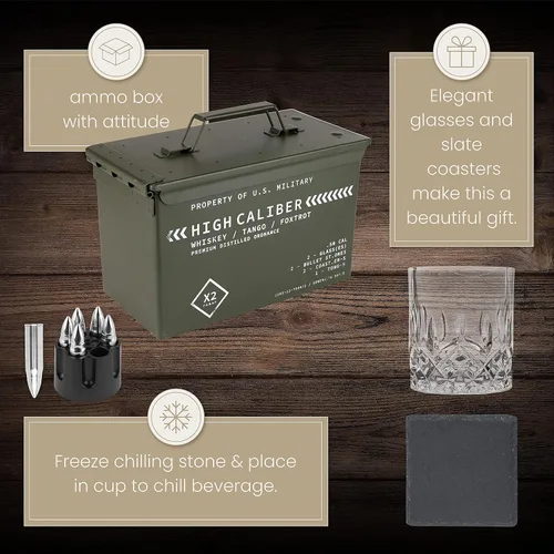 Miniatura 4 de Titan LSO Vasos y piedras de whisky en caja táctica única Copas de cóctel Bourbon, posavasos y pinzas Regalos para hombres Juego de vasos