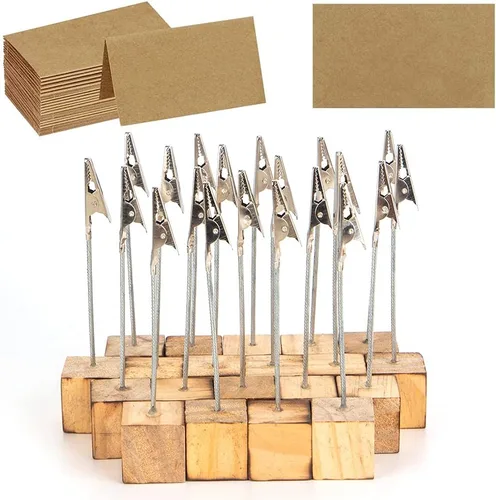 20 soportes para tarjetas de lugar con clips y soporte de madera, soporte de clips para fotos para mesa, soporte de números de mesa de madera