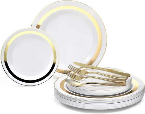Miniatura 9 de OccasionS Paquete de 120 platos, (60 invitados), juego de platos de plástico desechables de alta calidad para bodas, 60 x 10.5 pulgadas, cena + 60