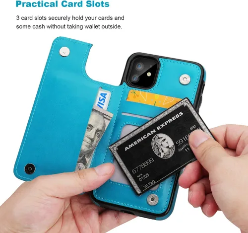 Miniatura 3 de Vaburs Funda compatible con iPhone 11 con tarjetero y diseño de mariposa en relieve, piel sintética de alta calidad, doble botones magnéticos, a Azul