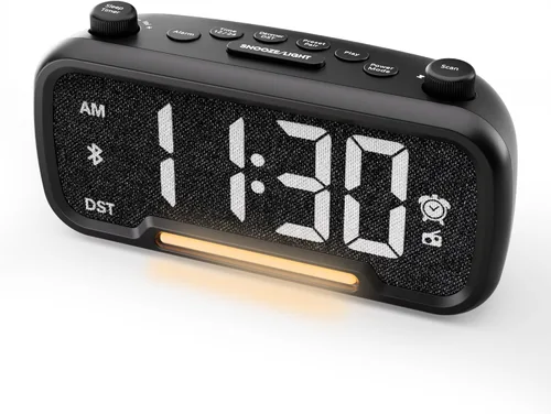 Radio despertador digital con altavoz Bluetooth V5.0, radio reloj FM con luz nocturna, cargador tipo C y USB, atenuador de 5 niveles, volumen