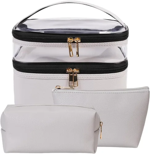 Miniatura 15 de FITINI 3 piezas de bolsas de maquillaje de doble capa, organizador de grandes estuches de cosméticos de viaje, bolsas de aseo impermeables, pequeña