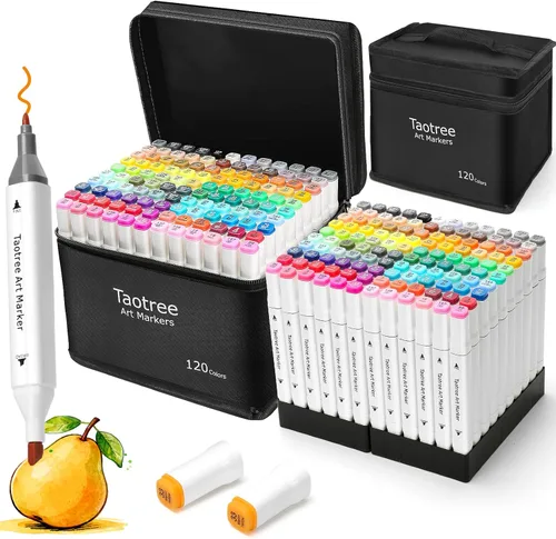 Taotree Juego de marcadores de alcohol de 120 colores con estuche y soportes, marcadores de doble punta para colorear, bolígrafos de cincel y 120