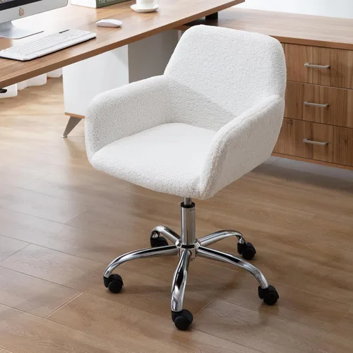 Miniatura 3 de Silla de escritorio giratoria peluda, silla de oficina tapizada de tela de peluche blanca, silla de tocador con ruedas ajustable en altura