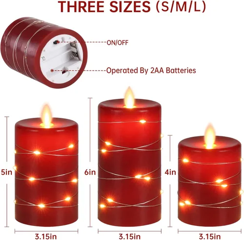 Miniatura 8 de Da by Velas rojas sin llama con luces de cadena, velas que funcionan con baterías con control remoto y temporizador, velas LED parpadeantes de pilar