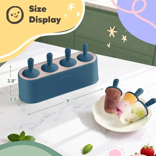 Miniatura 5 de Juego de moldes para paletas de 4 piezas, fabricante de paletas caseras de silicona, moldes para helados de fácil desmolde, moldes pop DIY Azul