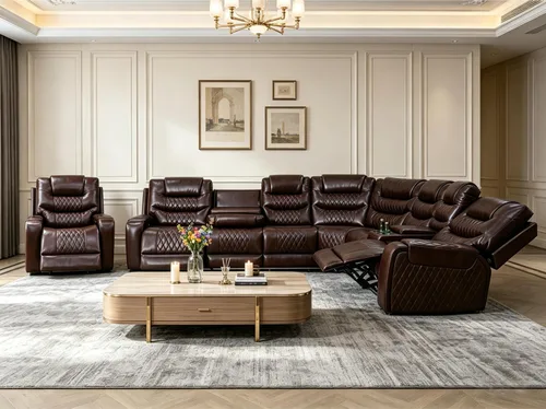 Miniatura 39 de Juego de sofá modular reclinable eléctrico con LED, juegos de muebles de sala de estar, sofá reclinable de cuero para sala de estar/cine en casa