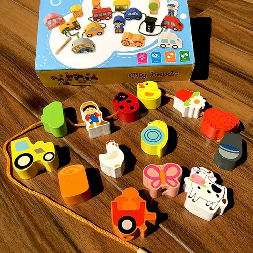 Miniatura 4 de Lacing Farm Toy Juego de bloques de madera, juguetes educativos tempranos, juegos de cuerda y cuentas de cordones para niños pequeños juego