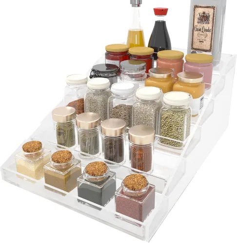 WUIVIUT Organizador de estantes de especias para armario, estante acrílico de niveles para especias y almacenamiento de latas para cocina y despensa