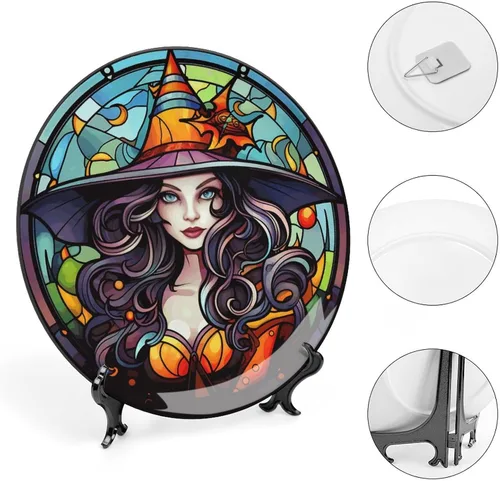 Miniatura 4 de Platos decorativos de bruja con sombrero naranja para decoración del hogar de Halloween, platos de cerámica con diseño de vitrales para sala