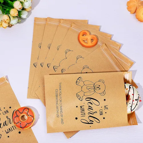 Miniatura 5 de AnyDesign Paquete de 100 bolsas autoadhesivas de papel kraft para baby shower, con texto en inglés "We Can Bearly Wait", bolsas de papel kraft
