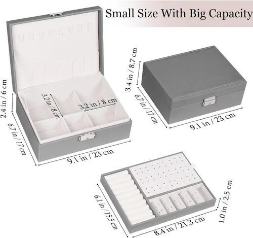 Miniatura 9 de Joyero para mujeres y niñas, contenedor organizador de joyas de 2 capas con cerradura, estuche de almacenamiento de piel sintética con bandeja