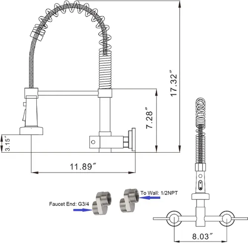 Miniatura 6 de Grifo de cocina de montaje en pared, grifo de fregadero de cocina de montaje en pared de centro de 8 pulgadas con rociador desplegable, comercial
