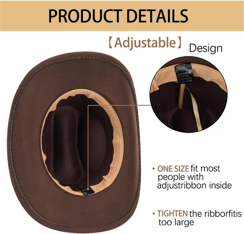 Miniatura 29 de Sombrero de vaquero clásico de fieltro occidental para mujeres y hombres de ala ancha con hebilla de cinturón (tamaño: mediano-grande)