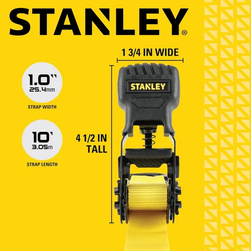 Miniatura 6 de STANLEY S10002 Correas de amarre de trinquete negras/amarillas de 1 pulgada x 10 pies - Carga de trabajo segura de 500 libras / Resistencia a