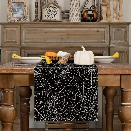 Miniatura 2 de Camino de mesa de Halloween, tela de araña, lino negro, caminos de mesa para vacaciones de temporada, interiores y exteriores, cocina, comedor