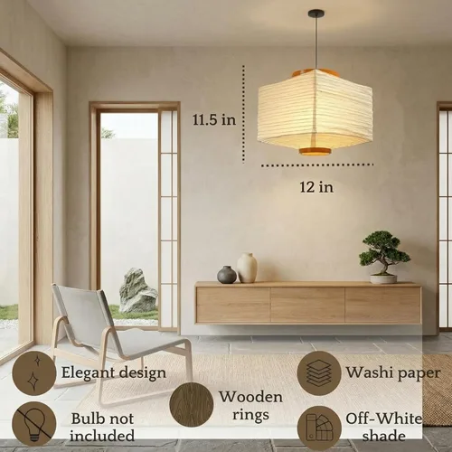 Miniatura 5 de Nogy Lámpara colgante de papel estilo japonés, pantalla de papel colgante de arroz blanco roto con cable (11.5 cuadrados, cableado)