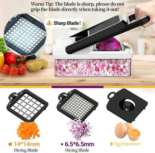Miniatura 3 de StoreHappily Picador de Verduras 12 en 1, Picador de Verduras de 7 Cuchillas con Recipiente y Tapa, Cortador en Cubitos, Rebanador, Utensilios