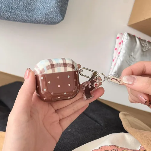Miniatura 8 de Funda colorida de lunares marrón para Airpods Pro 2 Gen con cerradura, estética retro a cuadros, linda funda protectora kawaii de moda para niñas