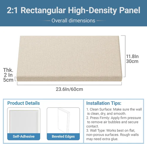 Miniatura 2 de Paquete de 4 paneles acústicos de núcleo de alta densidad con cubierta de tela, 24 x 12 x 2 pulgadas, paneles de pared autoadhesivos insonorizados