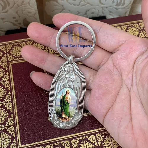 Miniatura 4 de 12 piezas de anillo de metal de San Judas Keychian favores de bautismo para niños y niñas Recuerdos de Bautizo San Judas (Wht)