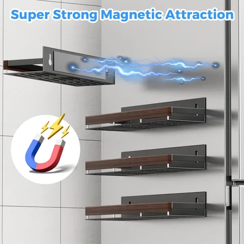 Miniatura 5 de Organizador magnético de especias de nogal para refrigerador, soporte de pared, estante de especias magnético para refrigerador, organizador
