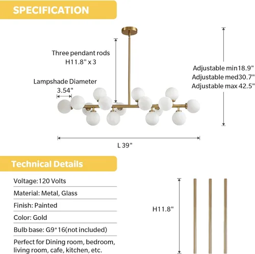 Miniatura 6 de Candelabro Dorado para Comedor Sobre Mesa Candelabro Moderno de Mediados de Siglo Pantalla de Globo de Vidrio Blanco Accesorio de Iluminación