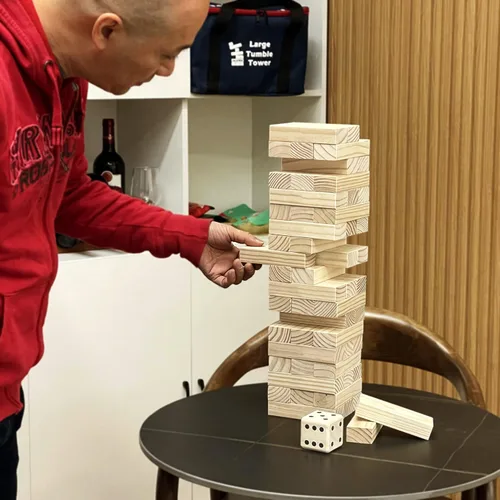 Miniatura 5 de Jac & Mok Tumble Tower - Juego de bloques de madera para apilar con bolsa de transporte (54 piezas de torre grande con dados)