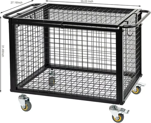 Miniatura 6 de Carrito de baloncesto de metal con ruedas de almacenamiento de equipo deportivo, jaula con cerradura atlética negra mate con mango elevado