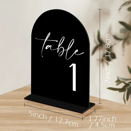 Miniatura 2 de Números de mesa de acrílico de arco negro con soportes 1-15, letrero acrílico arqueado negro de 5 x 7 pulgadas y base, números de mesa de arco