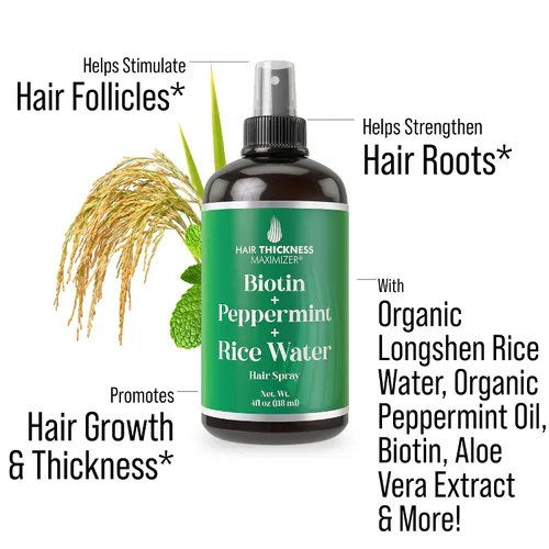 Miniatura 2 de Spray de agua de biotina + menta + arroz para el crecimiento del cabello. Acondicionador vegano sin enjuague para mujeres, hombres. Fortalece e